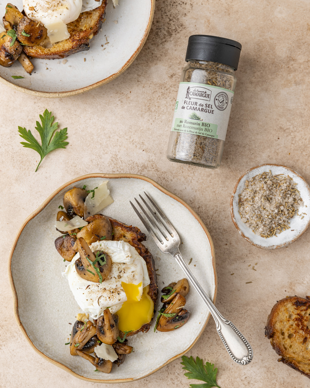 Pain perdu aux champignons et œuf mollet 