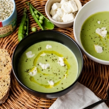 recette du Velouté glacé de petits pois frais au gingembre et à la feta